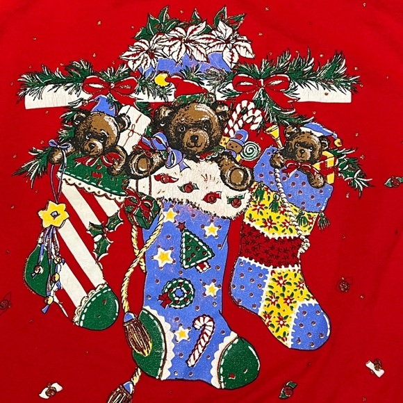 Vintage Holiday Time Christmas Bear Stockings 1980s Ugly Sweater Sweatshirt - Picture 3 of 8